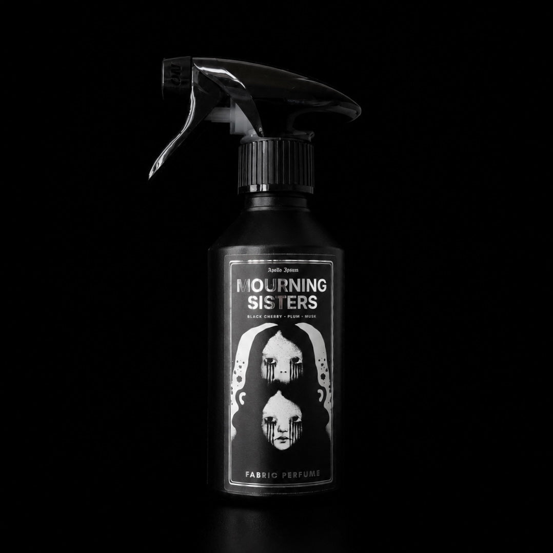 Mourning Sisters 250ml room and fabric spray by Apollo Ipsum on a black studio background
