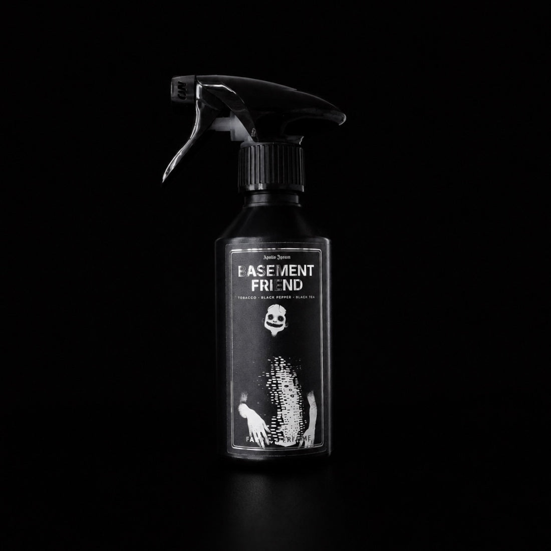 Basement Friend 250ml room and fabric spray by Apollo Ipsum on a black studio background