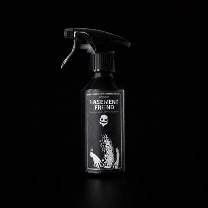 Basement Friend 250ml room and fabric spray by Apollo Ipsum on a black studio background