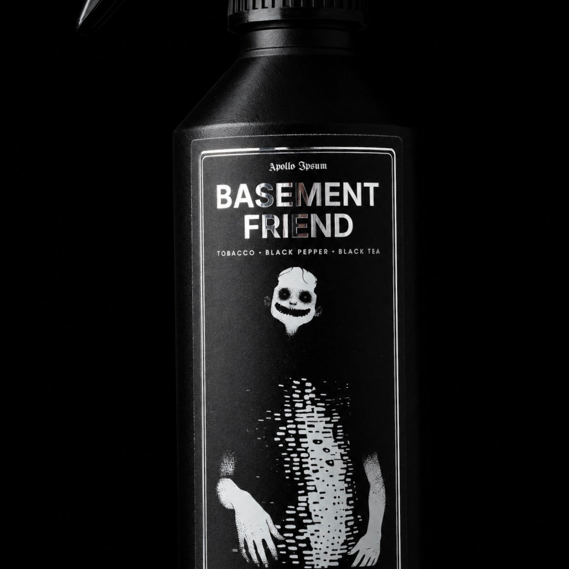 Close-up of the Basement Friend Fabric Perfume label on a 250ml home fragrance spray
