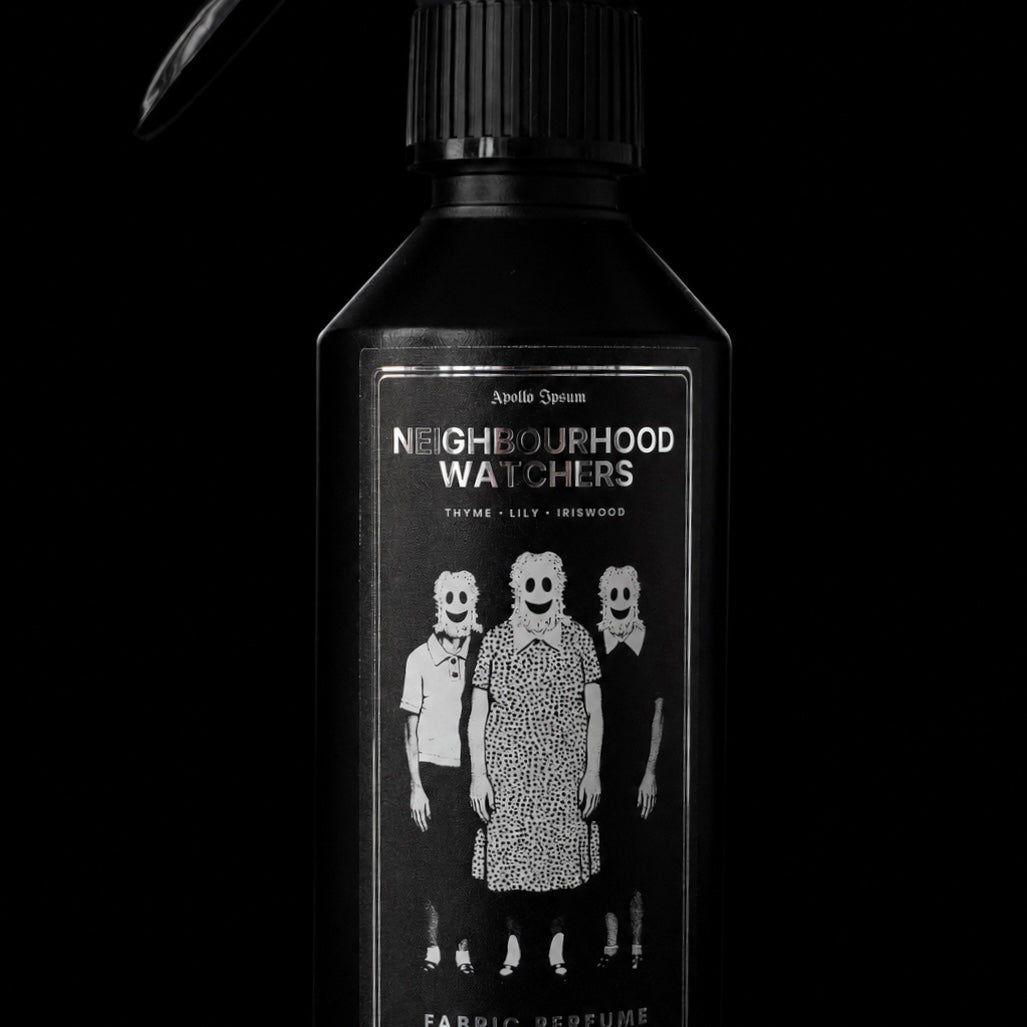 Close-up of the Neighbourhood Watchers Fabric Perfume label