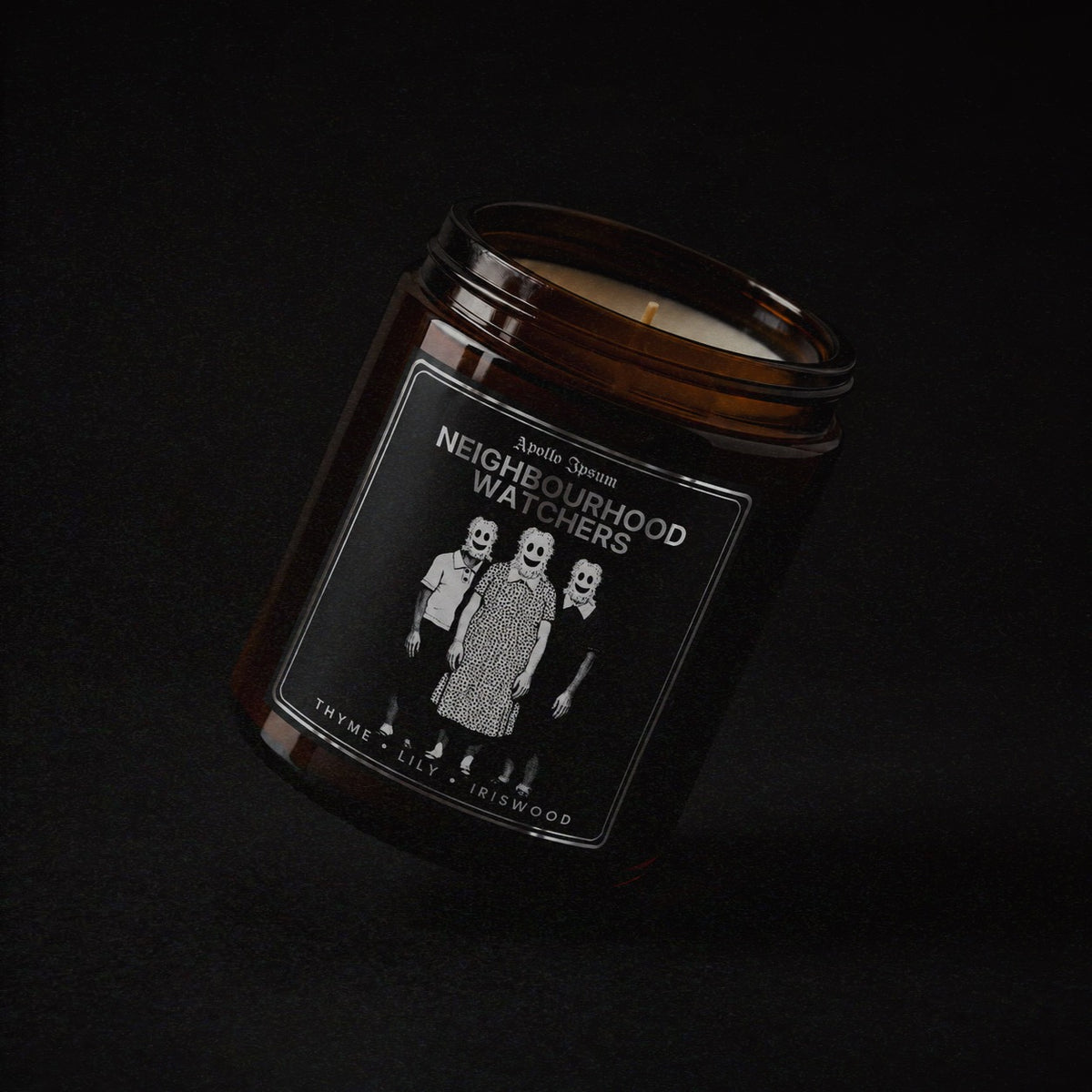 Neighbourhood Watchers soy wax candle in an amber jar with illustrated label, Apollo Ipsum Things That Shouldn&