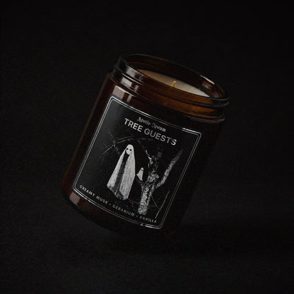 Tree Guest soy wax candle in an amber jar with illustrated label, Apollo Ipsum Things That Shouldn&