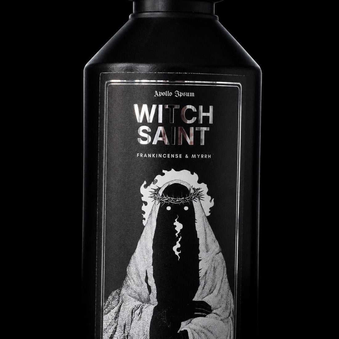 Close-up of the Witch Saint Fabric Perfume label on a frankincense home fragrance spray
